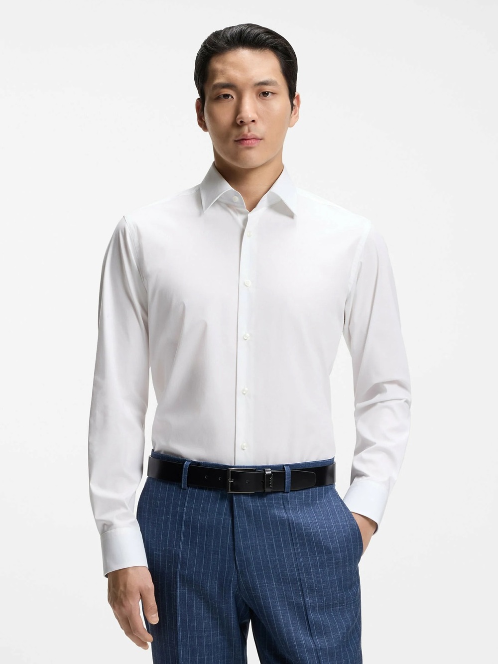 Hugo Boss men 16.5 42 L regular fit stretch solid white cotton blend dress shirt